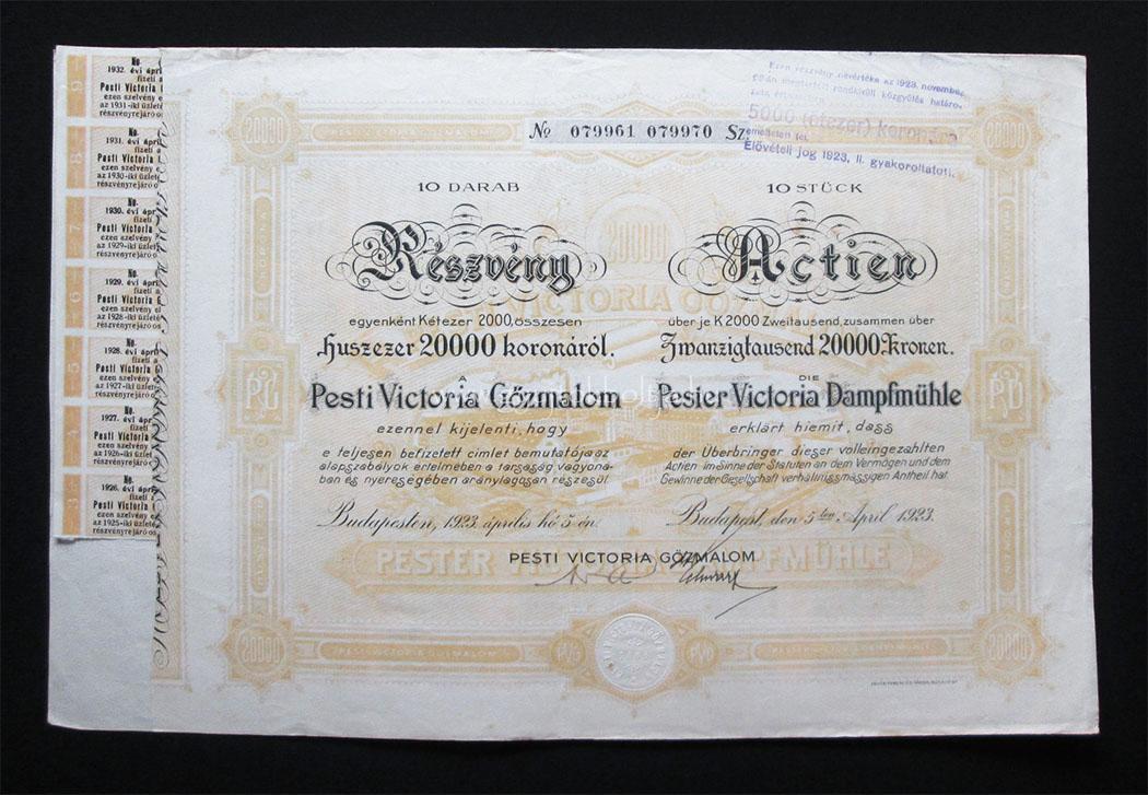 Pesti Victoria Gõzmalom részvény 10x2000 korona 1923